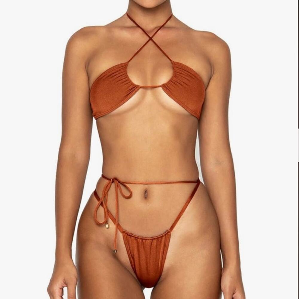 Women 2 Piece Bikini Swimsuit Size XS Rust Brown Strappy Halter Cutout